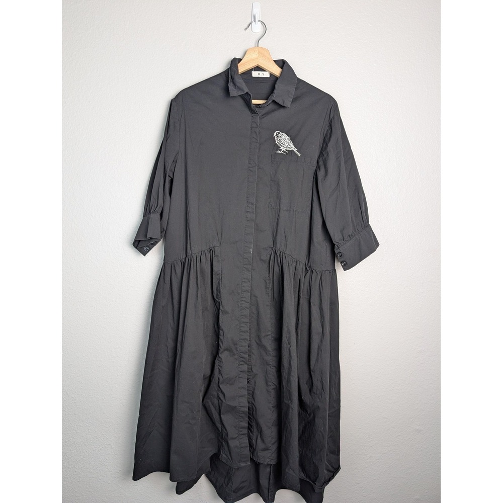 H Y Black Shirt Dress Womens L Hi-Low Collared Puff Sleeve Embroidered